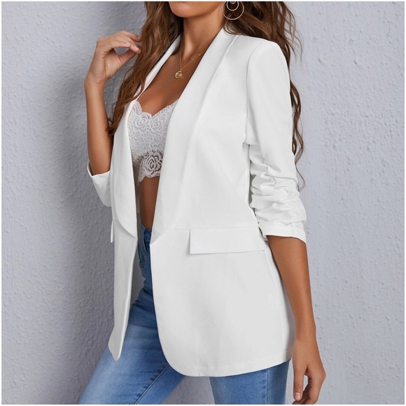 Classic Ruched 1/2 Sleeve Open Front Blazer - Picture 5 of 13